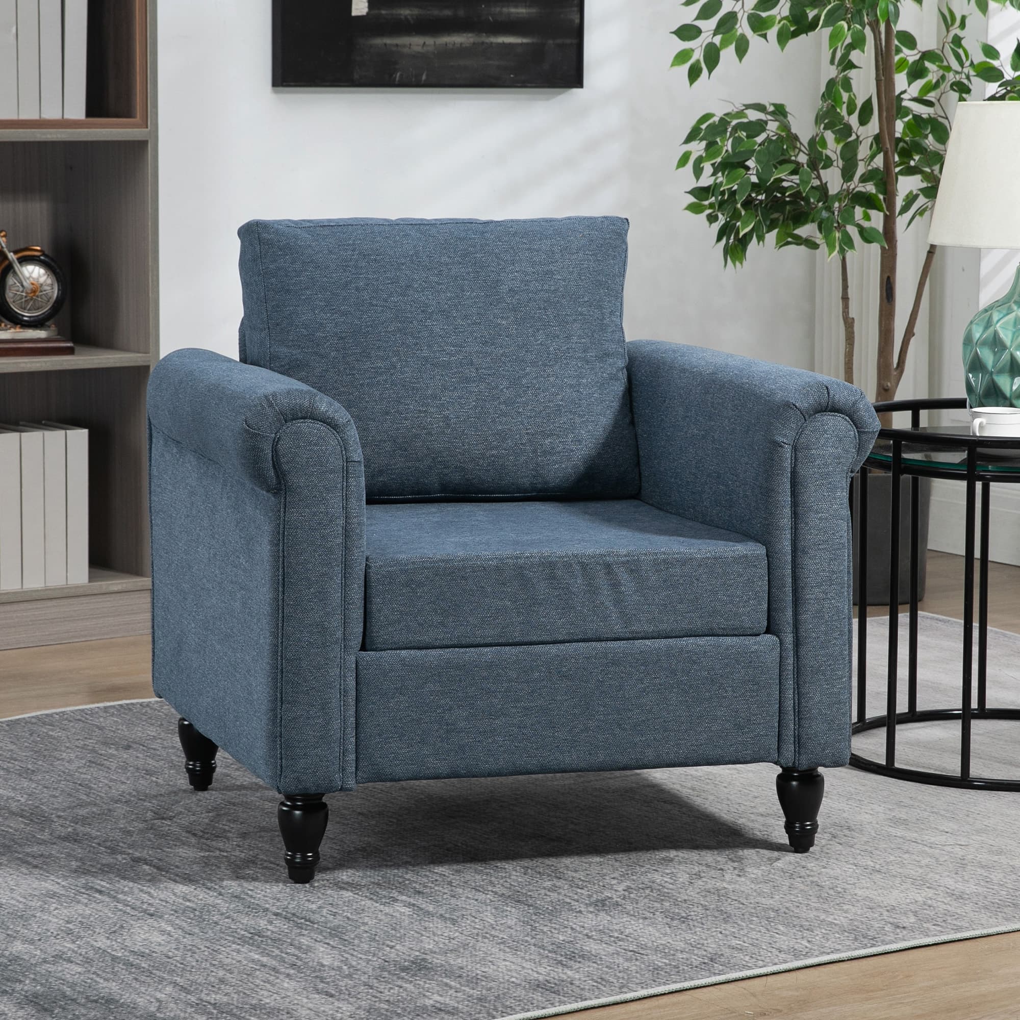 HOMCOM Vintage Armchair, Upholstered Accent Chair with Rolled Arms, Gourd-Shaped Rubber Wood Legs, Dark Blue | Aosom Canada